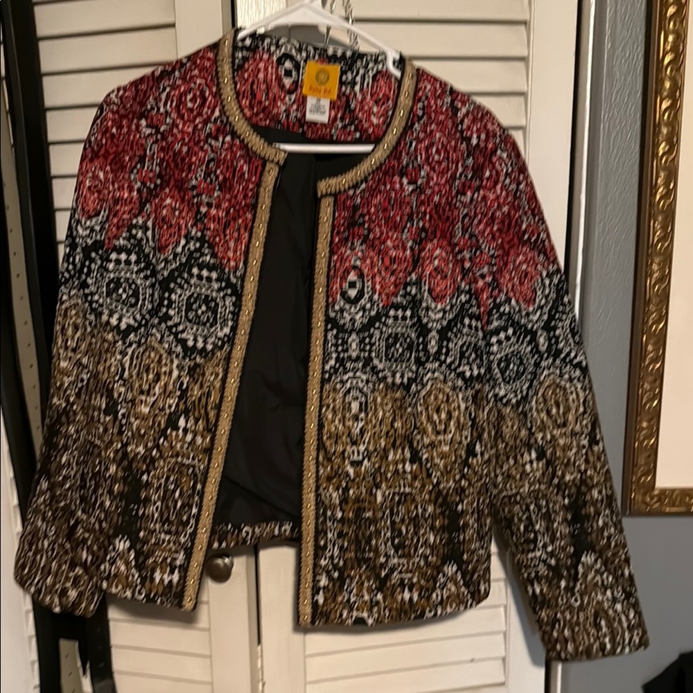 Chico's Red and Black Blazer with Ornate Design